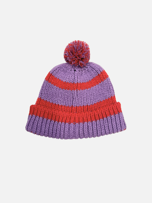 Image of STRIPE POMPOM BEANIE in Purple