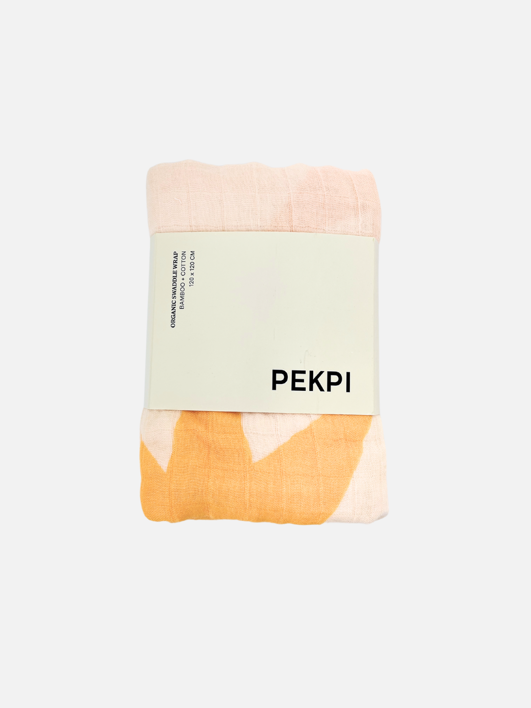 Sunburst | A folded fabric item wrapped in a white band with the text "PEKPI" and other information printed on it. The ORGANIC BAMBOO SWADDLE WRAP features a light pink and orange pattern, making it both stylish and gentle for your baby's skin.