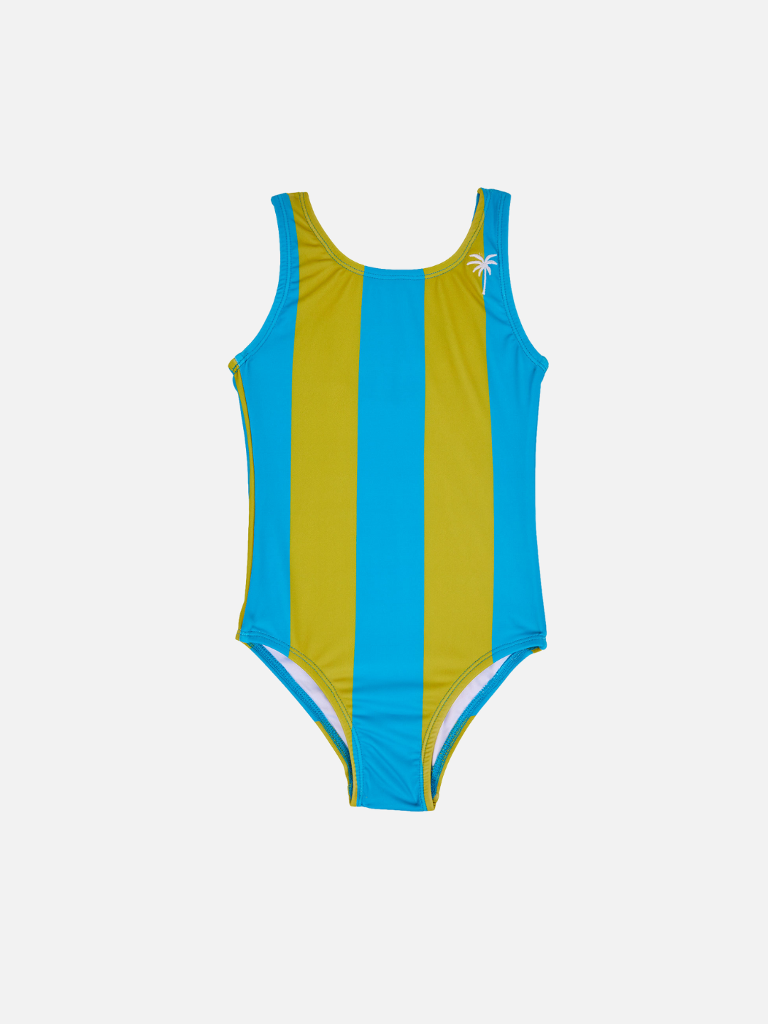 A front view of kid's Retro Stripe Swimsuit in Kelp. Palm tree embroidery is on the left strap. 