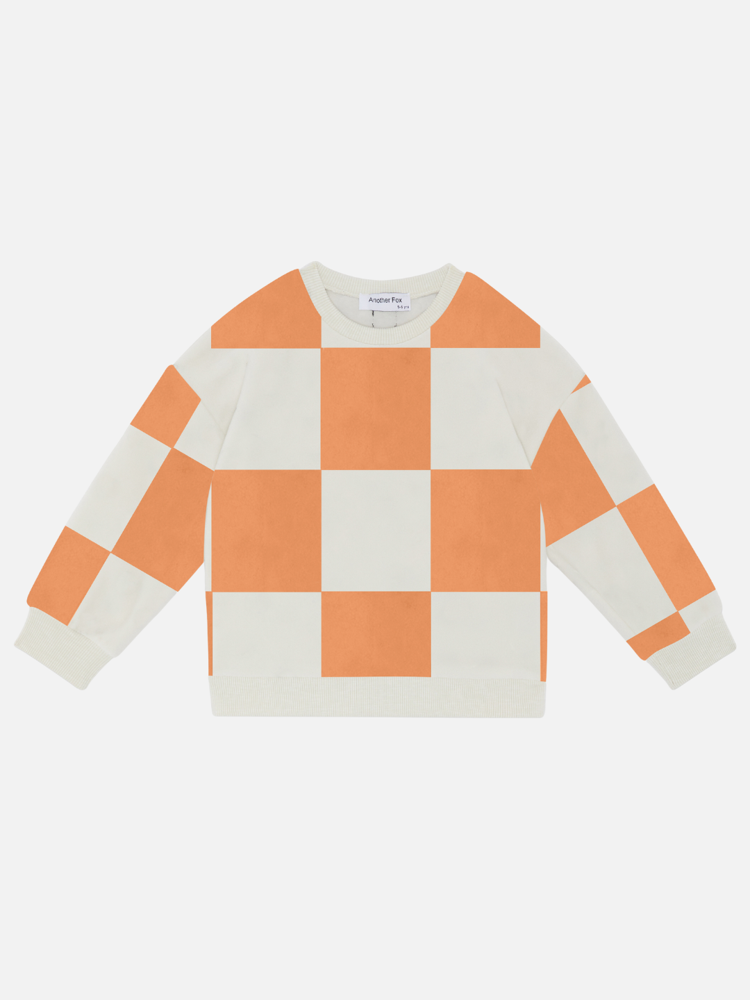 A kids' sweatshirt in a bold apricot and white checkerboard pattern
