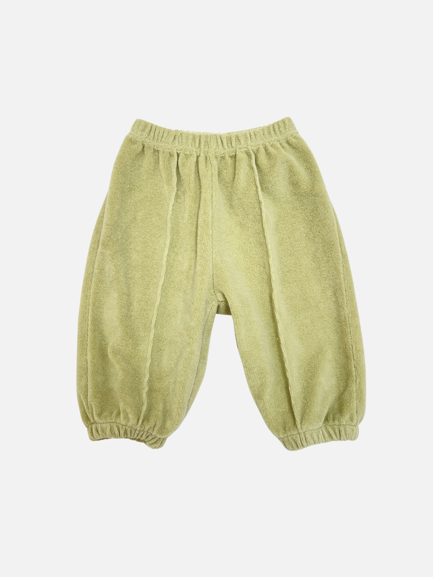 Pistachio | Pistachio BABY TERRY JOGGER pants with an elastic waistband and cuffs from a Korean baby brand are shown on a plain white background.