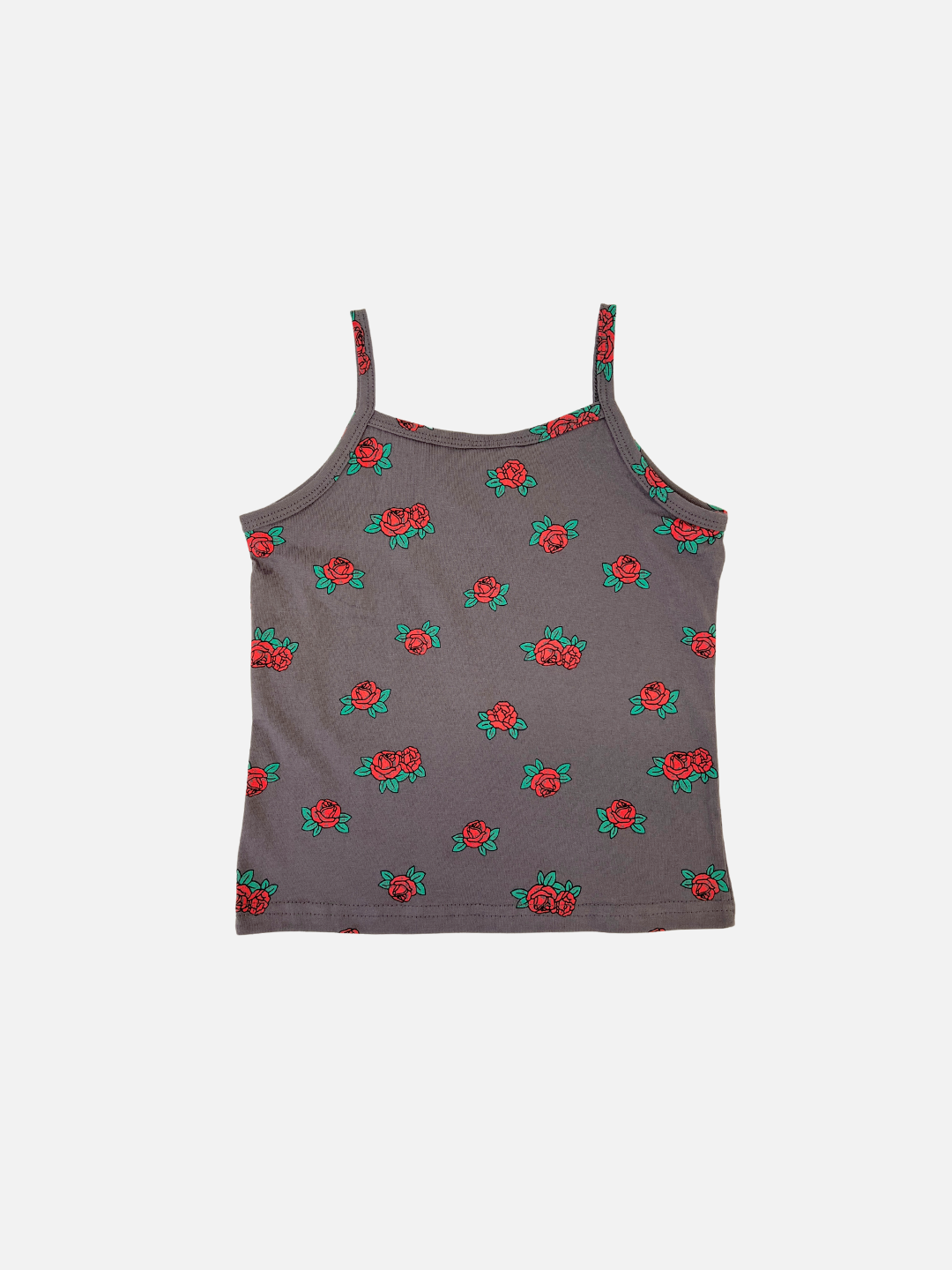 Charcoal | Back view of the kid's roses tank top in Charcoal with red roses all-over print