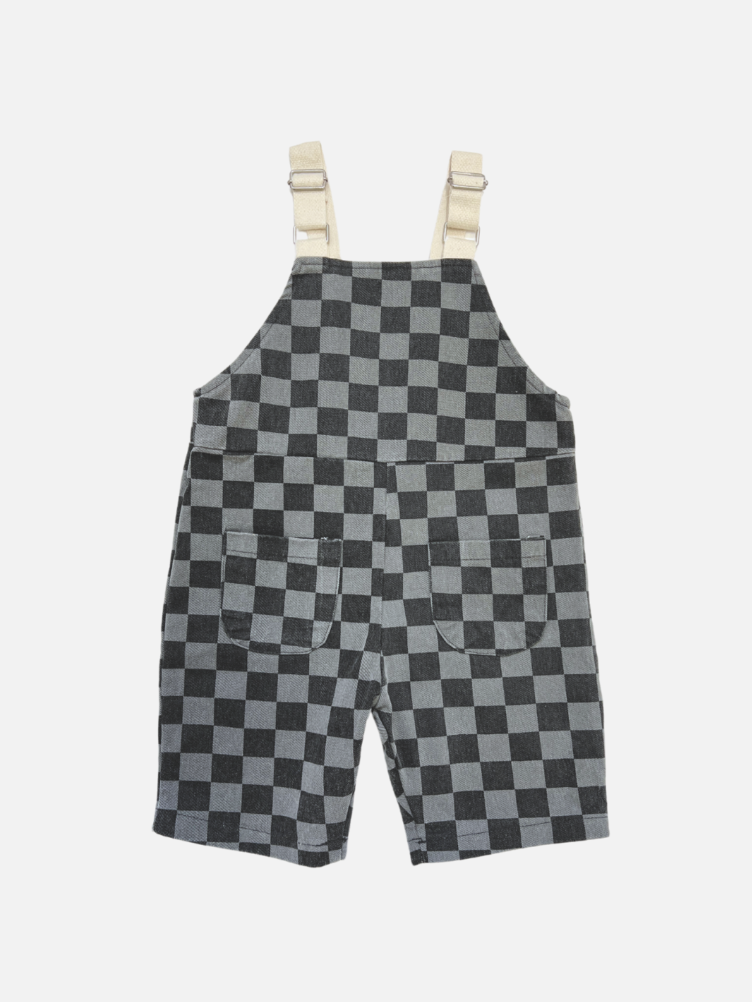 A front view of the kid's pull-on checker overalls in charcoal