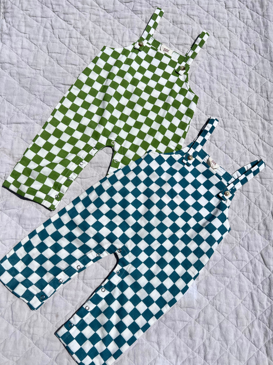 Second image of A pair of kids' overalls in an aquamarine and white check