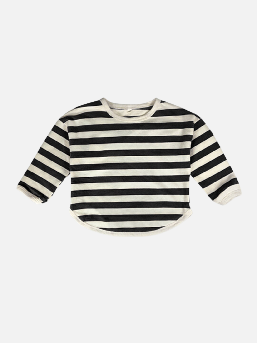 Black | A kids' tee shirt with a curved hem in black and white stripes