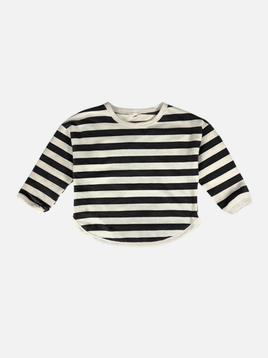Image of Black | A kids' tee shirt with a curved hem in black and white stripes