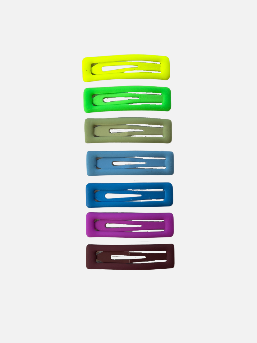Seven rainbow snap clips for kids - yellow, bright green, olive green, muted blue, blue, purple, burgundy. 