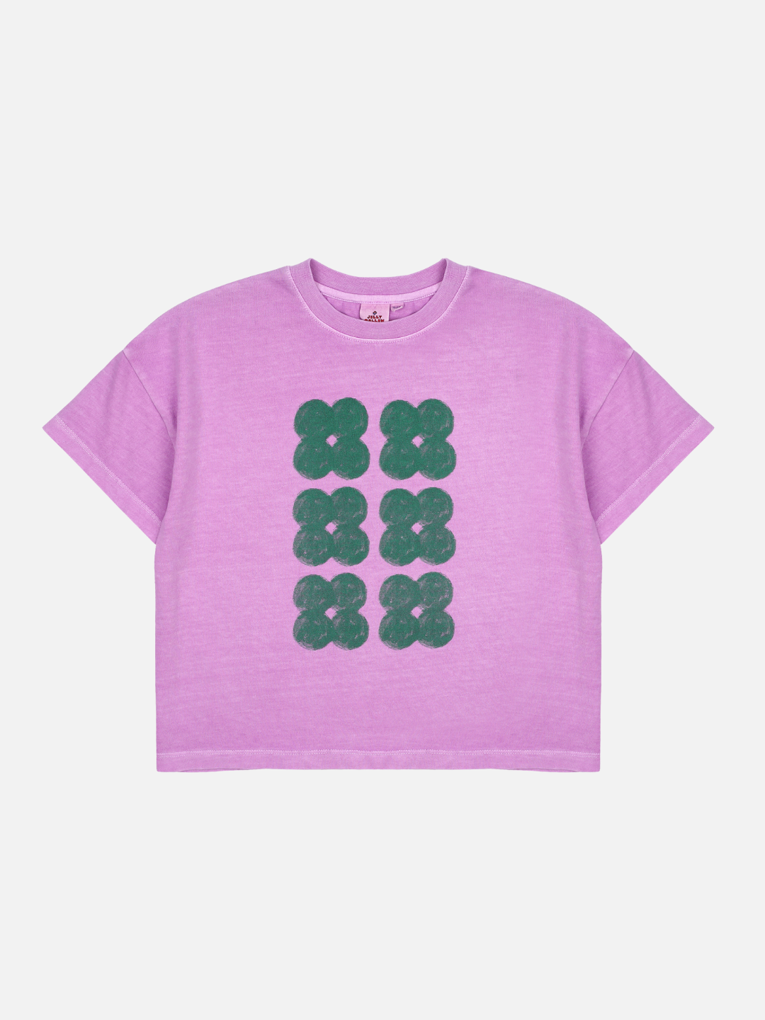 Purple | Front of T-shirt with six dark green clover shapes in two vertical rows on a light purple background.