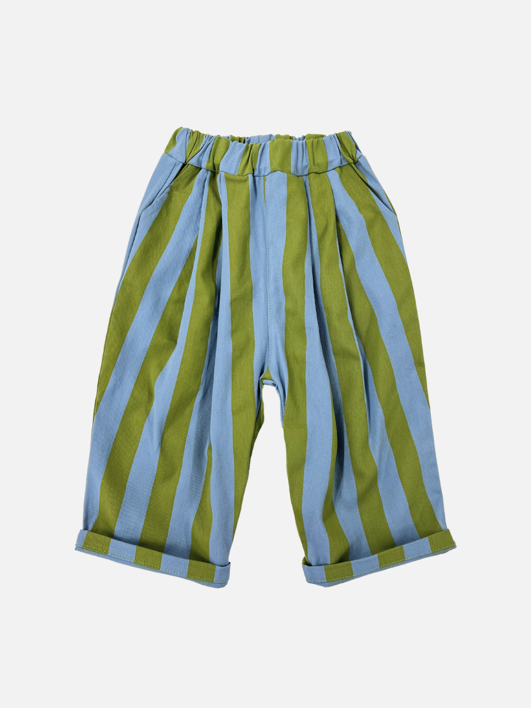 Front view of kids baggy pants in blue with wide green vertical stripes.