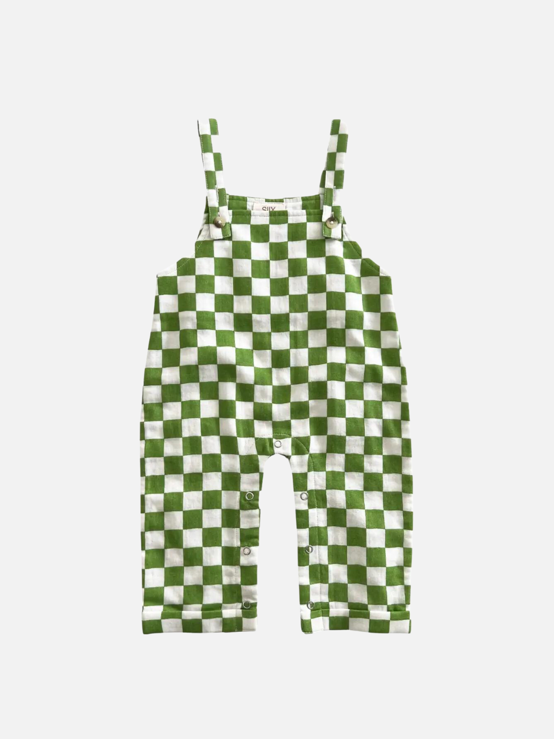 A pair of kids' overalls in grass green and white check