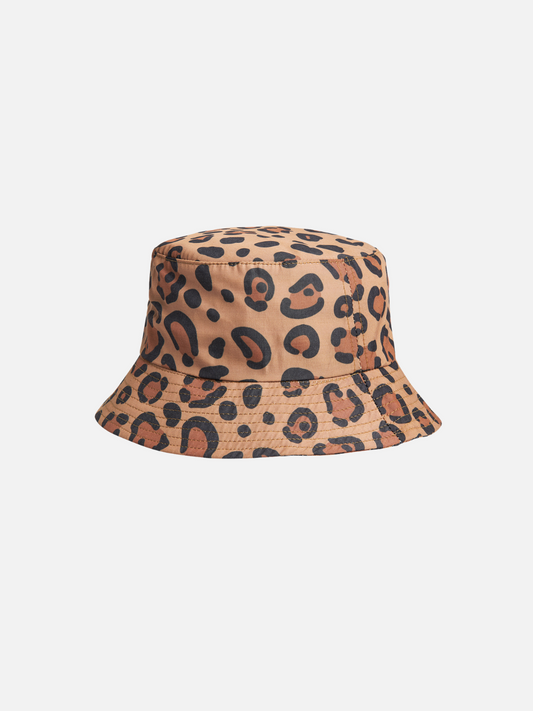 Image of Front view of the kid's Calico Crab Bucket Hat in Cheetah Print