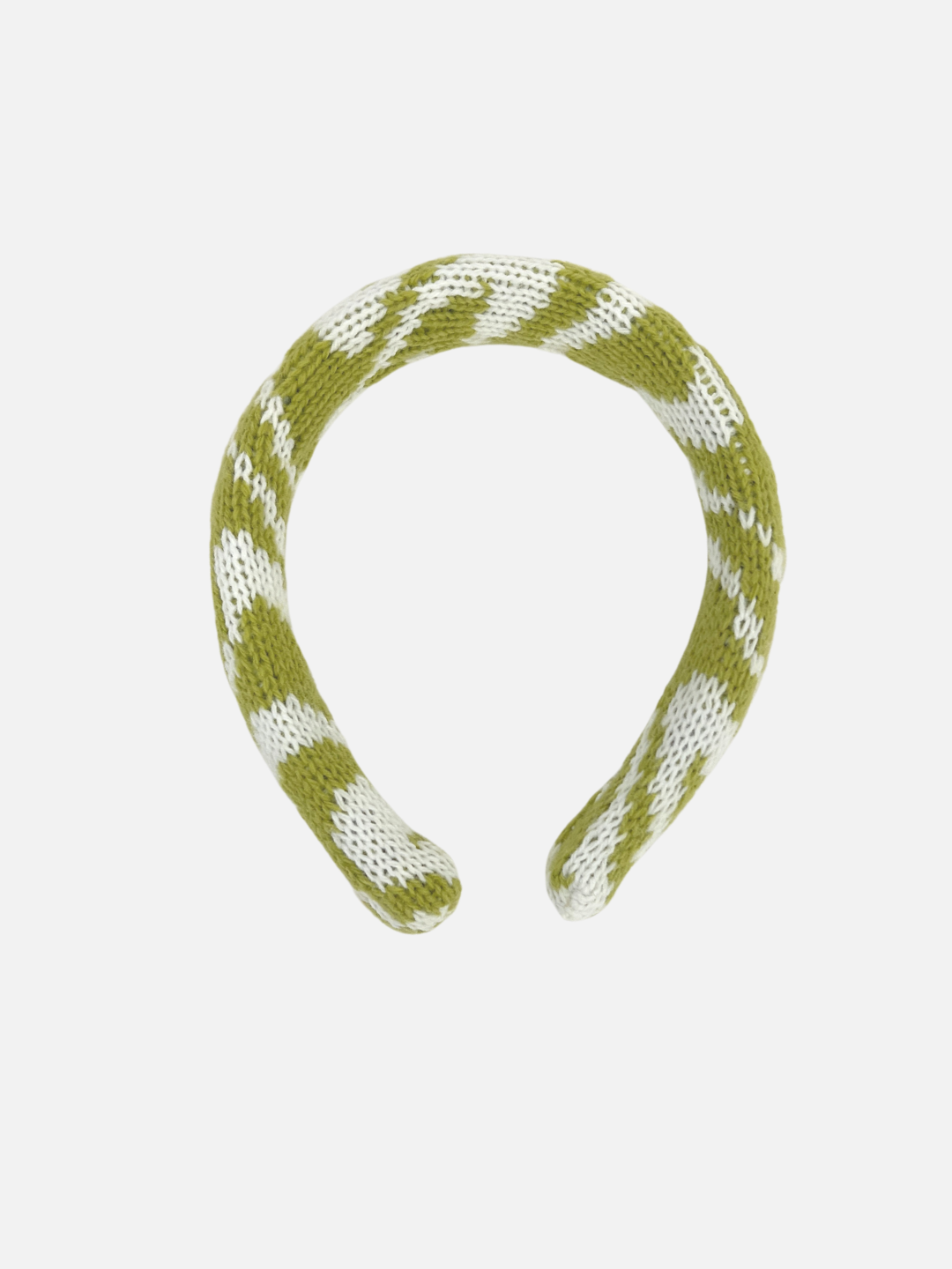 A kids' knitted headband in swirls of pale green and white