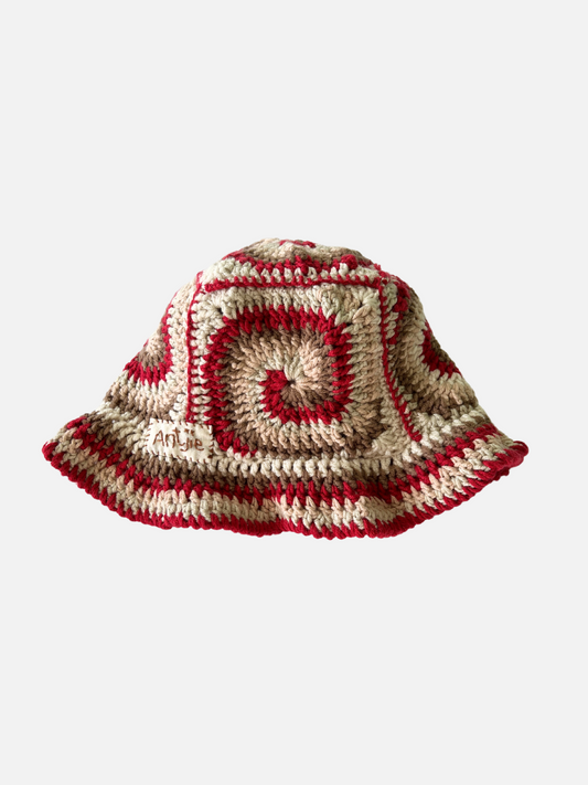 Image of HAND-CROCHETED BUCKET HAT - 2-4Y in Ecru & Red
