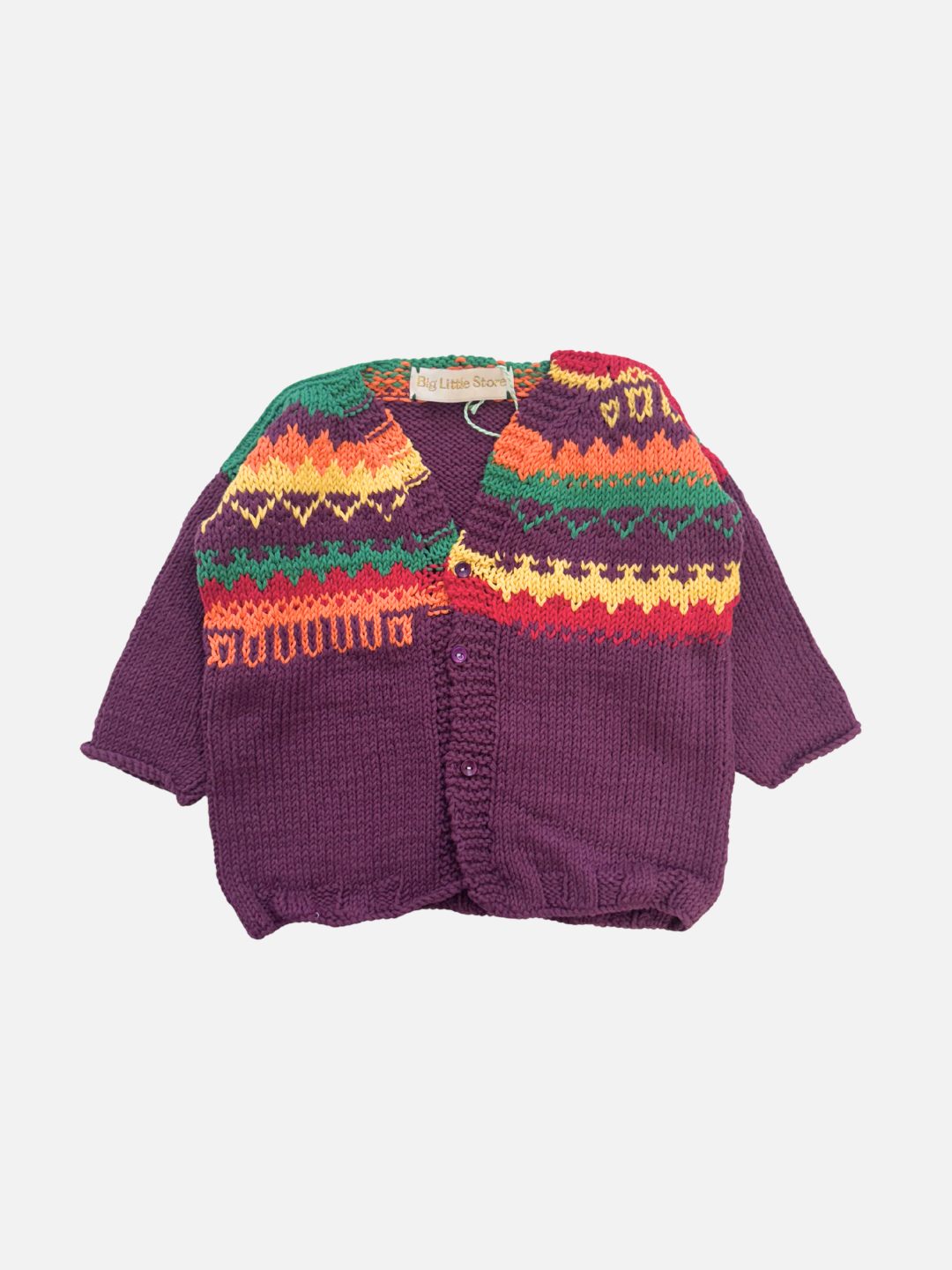 The HAND-KNITTED COTTON CARDIGAN - 1-2yY in color #10 features soft cotton yarn, a multicolored zigzag chest and shoulder pattern, and front buttons—ideal as a charming baby gift.