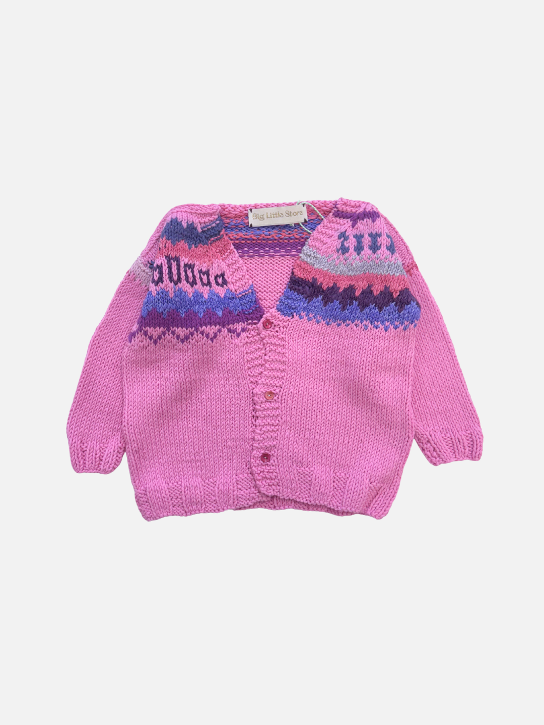 #3 | A pink HAND-KNITTED COTTON CARDIGAN - 1-2yY made from soft cotton yarn, with purple and blue geometric patterns on the upper chest and sleeves—an ideal baby gift, shown against a white background.