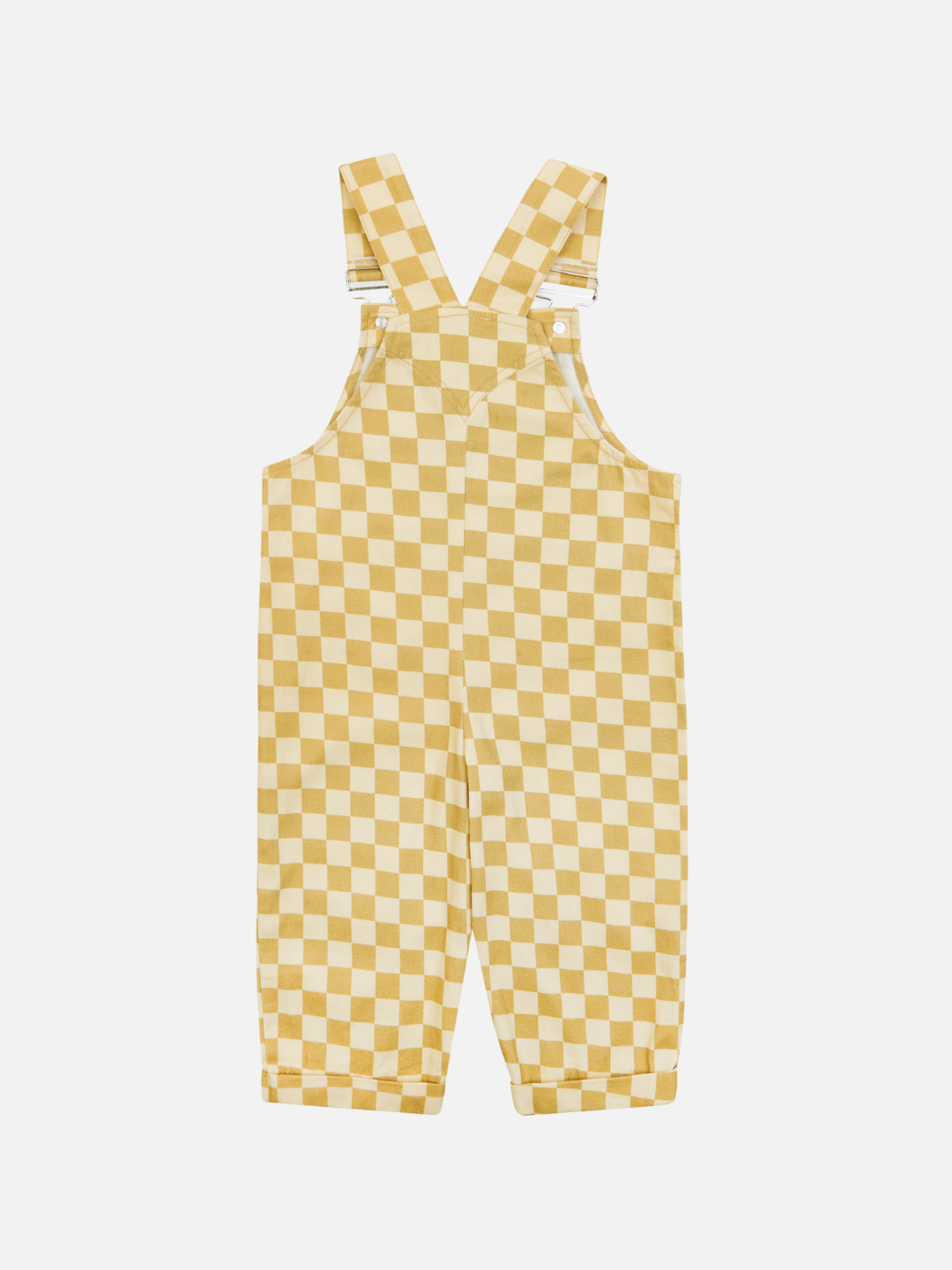 The CHECK OCHRE DUNGAREE from Claude & Co are a pair of yellow and white checkered overalls crafted with 100% organic cotton. Designed for infants or toddlers, these soft, comfortable overalls feature adjustable straps and two buttons on each side at the waist.