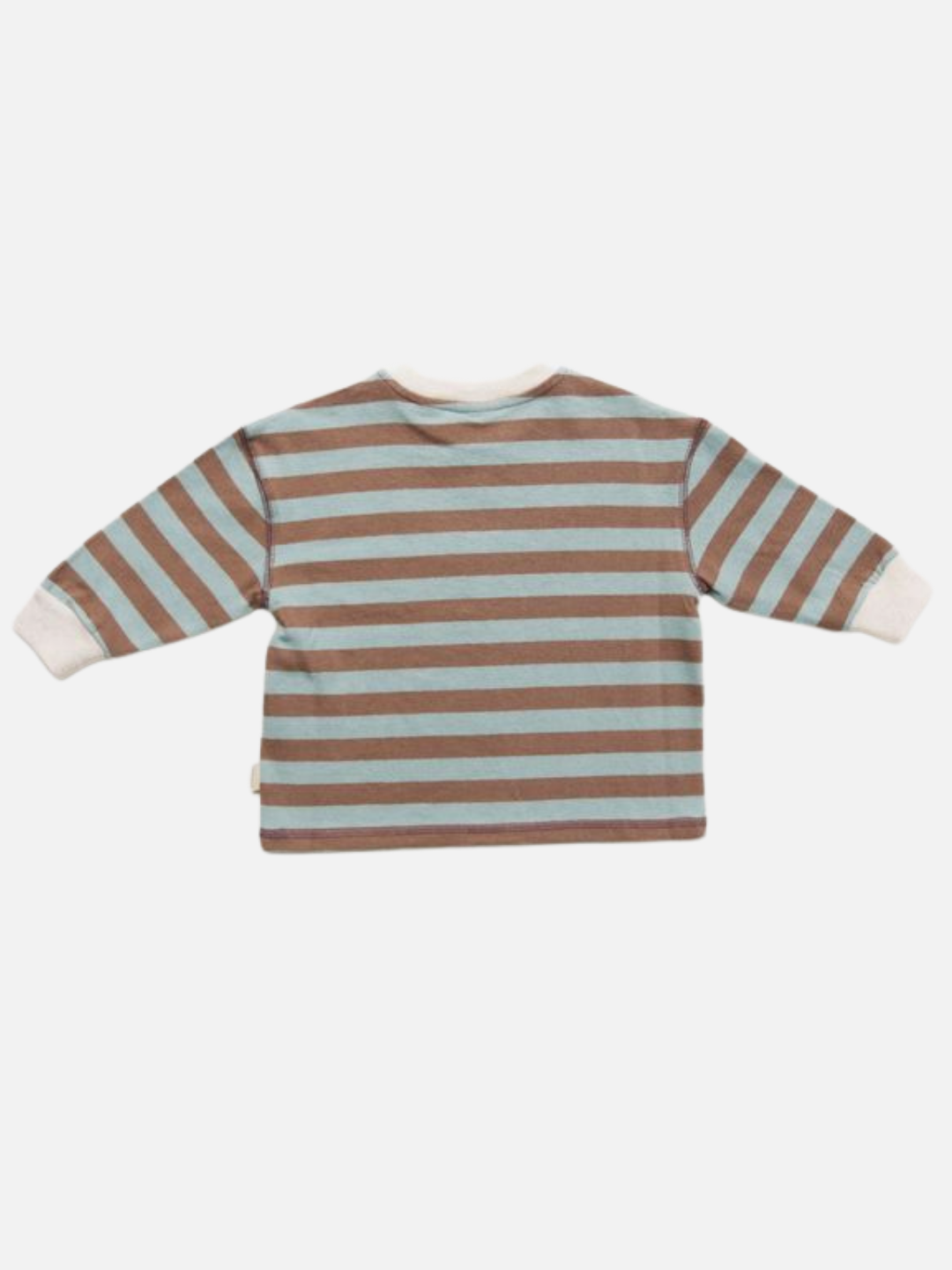 The RUE CHOC STRIPE LONG SLEEVE TEE features brown and light blue horizontal stripes with white cuffs and collar, shown on a plain background.
