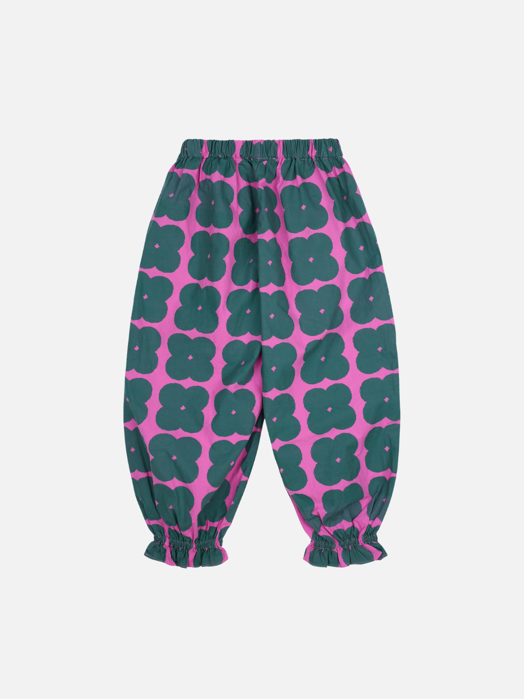 Back of Clover Pull-on Pants. Dark green clover shapes on a solid pink background. Cinched around the ankle and has an elastic waist.