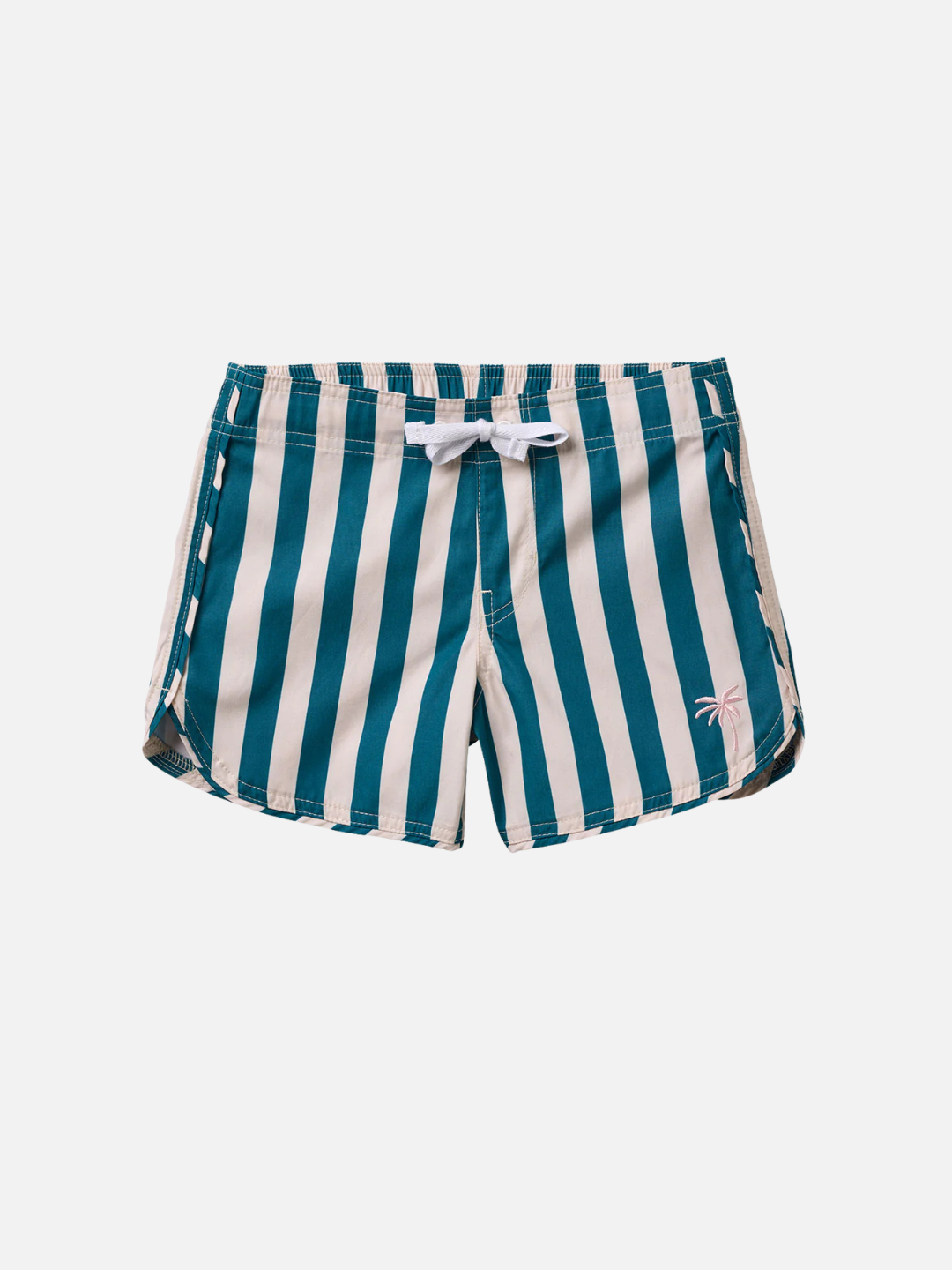 Charleston | RETRO FLARE BOARDSHORTS CABANA STRIPE in Charleston: blue and white vertical stripes, white drawstring, small pink palm tree logo on the left leg, made from recycled polyester and shown on a white background.