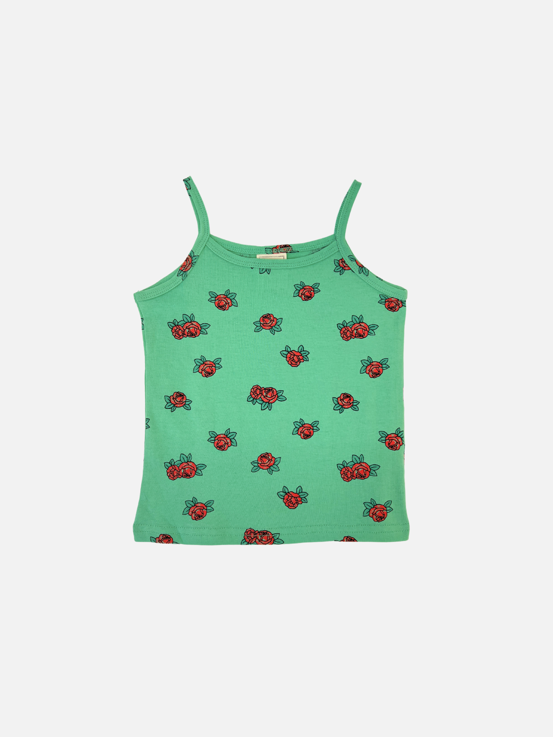 Front view of the kid's roses tank top in Green with red roses all-over print
