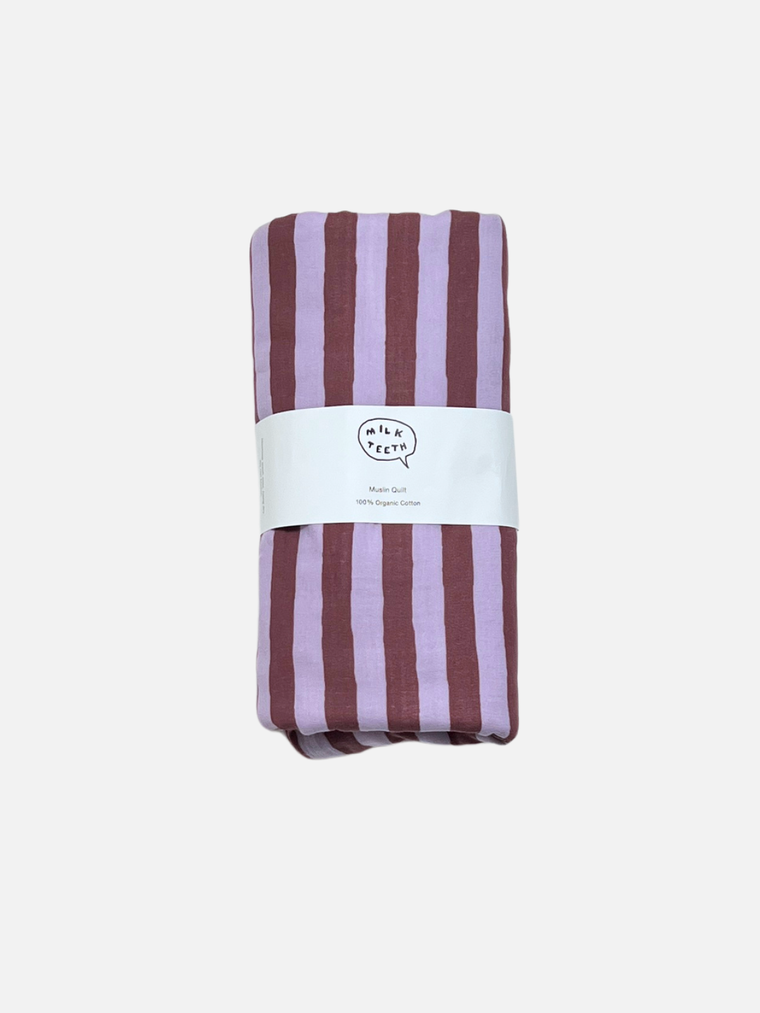 Purple Stripe | The organic cotton striped quilt in purple and maroon stripes is shown rolled up with a white Milk Teeth label around the middle, on a light grey background.