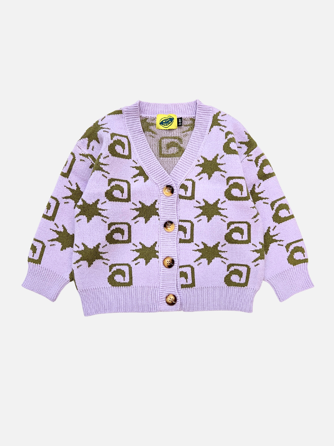 Purple cardigan with green pattern on a white background