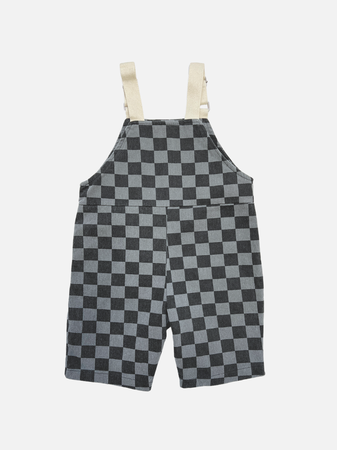 A back view of the kid's pull-on checker overalls in charcoal