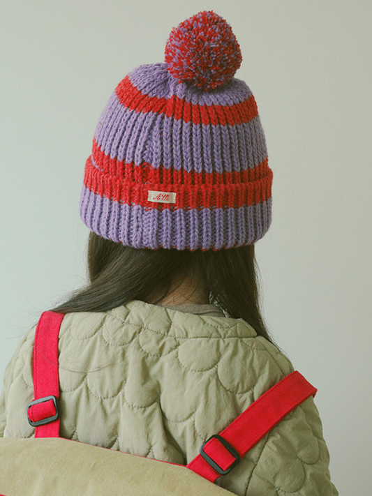 Second image of STRIPE POMPOM BEANIE in Purple