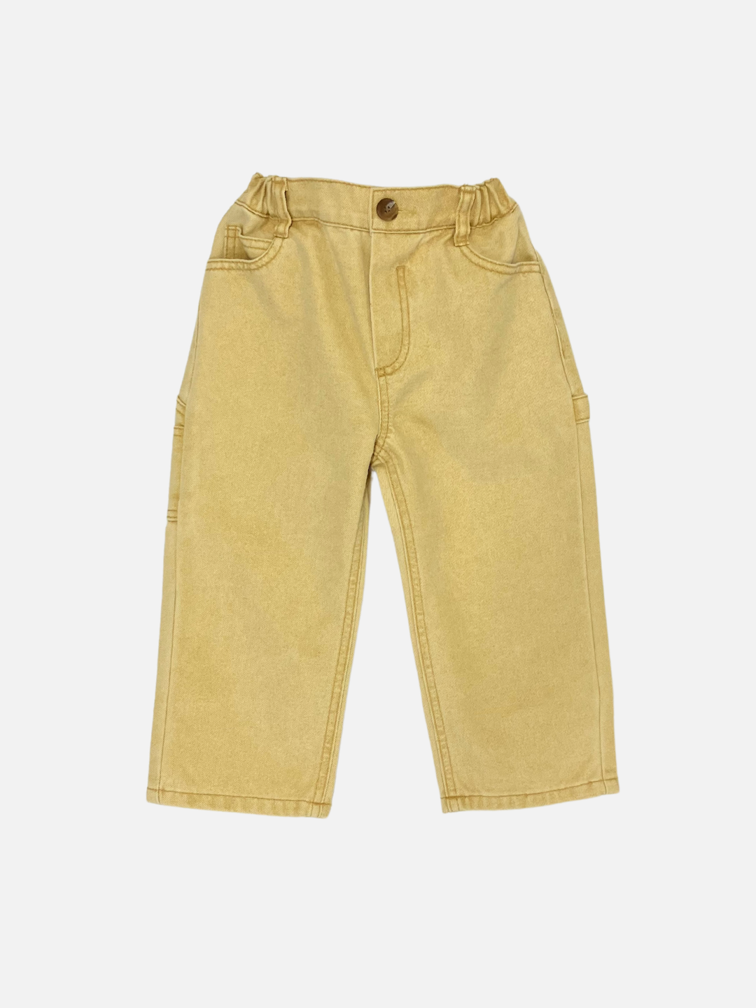 Ochre | A pair of ochre PIGMENT CARPENTER JEANS for toddlers, featuring an elastic waistband, button-top closure, front pockets, and a wide-leg design in a pigment-dyed denim finish, displayed on a white background.