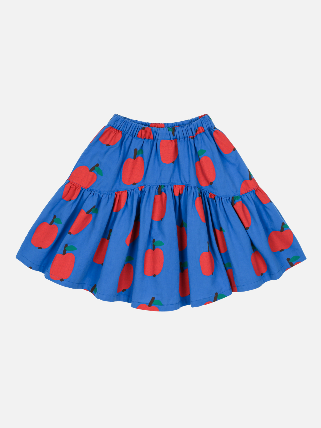 APPLE SKIRT in blue, features a tiered design with red apple patterns.