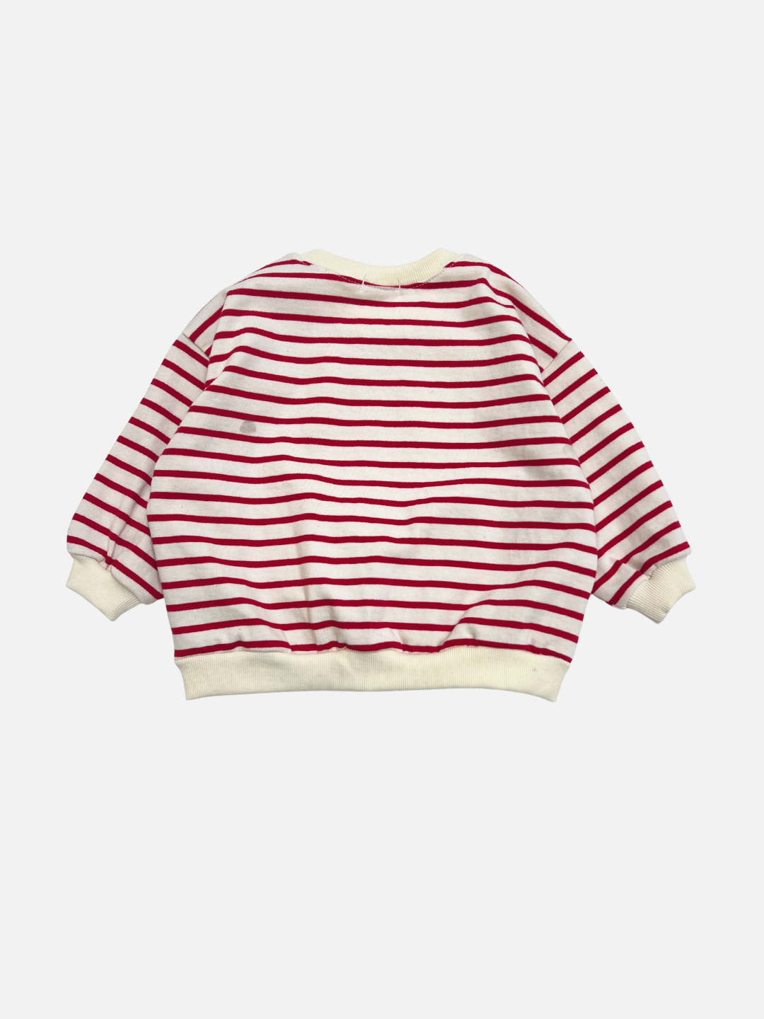 Red | The BRETON BABY SWEATSHIRT, a cozy children's long-sleeve with red and white stripes and cream collar, cuffs, and waistband, is displayed on a white background.