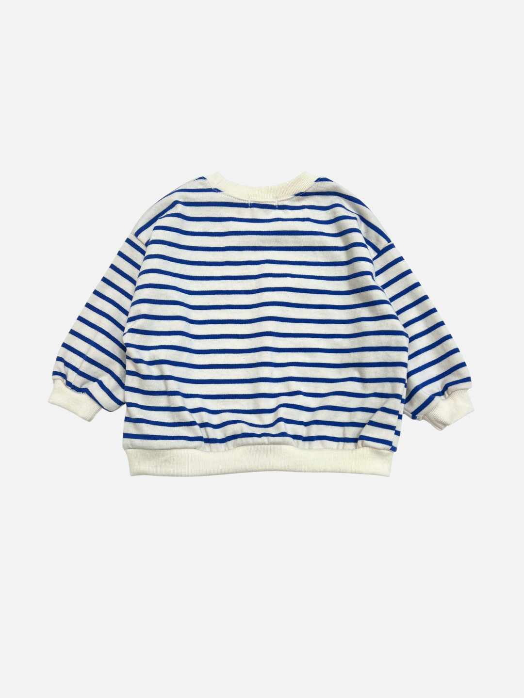 The BRETON BABY SWEATSHIRT, a long-sleeved pullover featuring blue and white stripes with white cuffs, collar, and waistband, is laid flat on a clean white background.