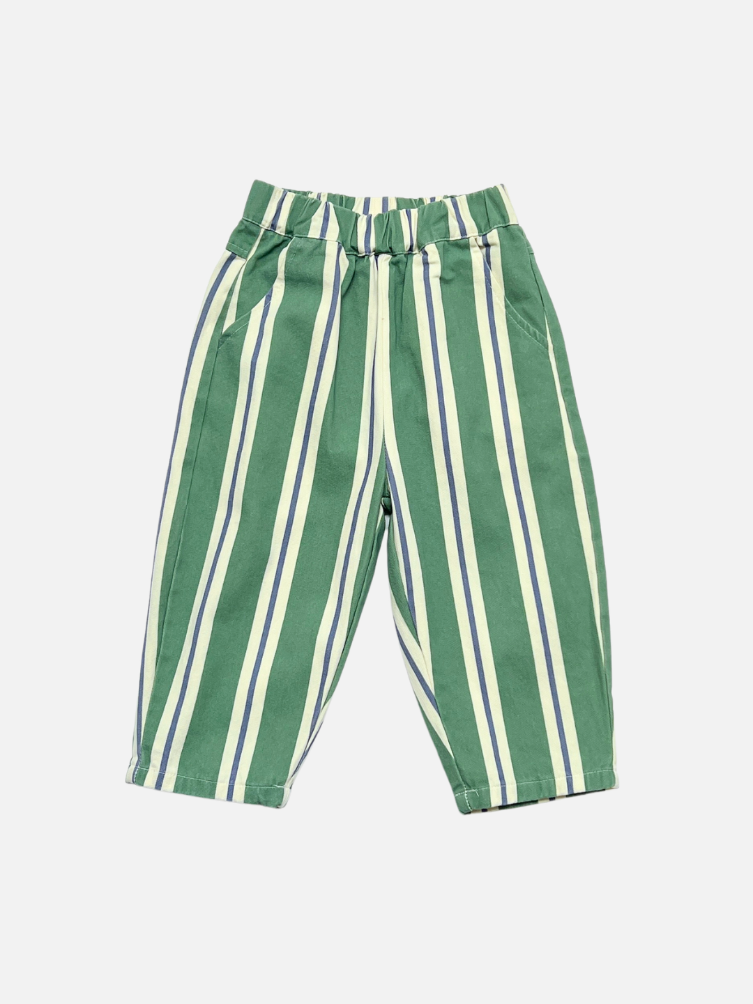 Green and white vertically striped kids trousers with an elastic waistband, shown flat on a light gray background.