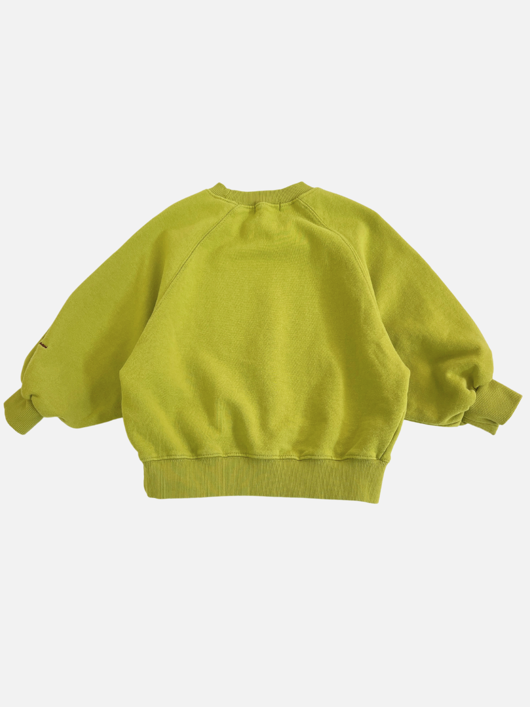 Green | The PLAYDATE SWEATSHIRT is lime green, made from garment-dyed cotton terry, and features long sleeves. The back view is displayed against a plain white background.