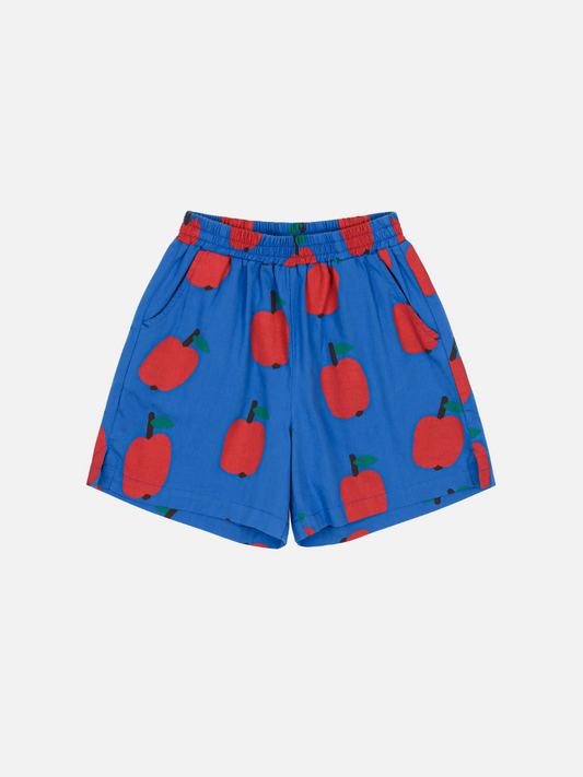 Image of APPLE SHORTS featuring a blue base with red apple and green leaf patterns.