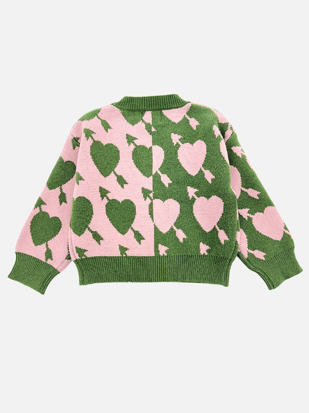 A back view of the LOVESTRUCK CARDIGAN, a knit sweater featuring a green and pink heart pattern with green cuffs and hem. Detailed measurements are available in the description, along with additional photos to help you visualize the design.