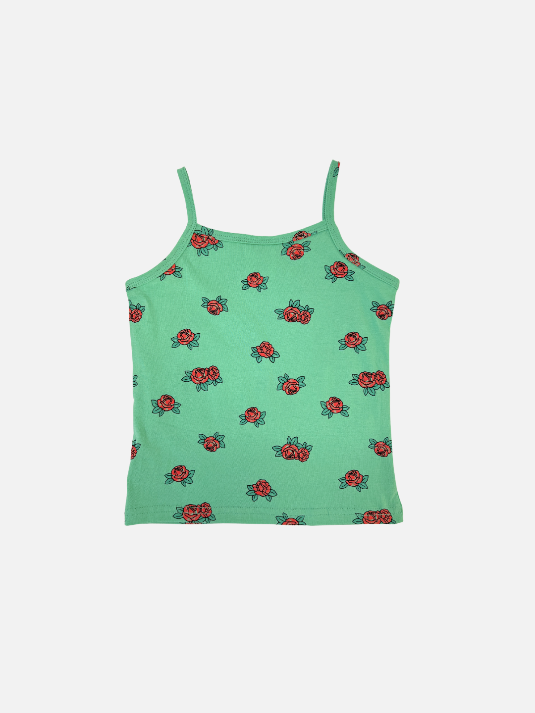 Back view of the kid's roses tank top in Green with red roses all-over print