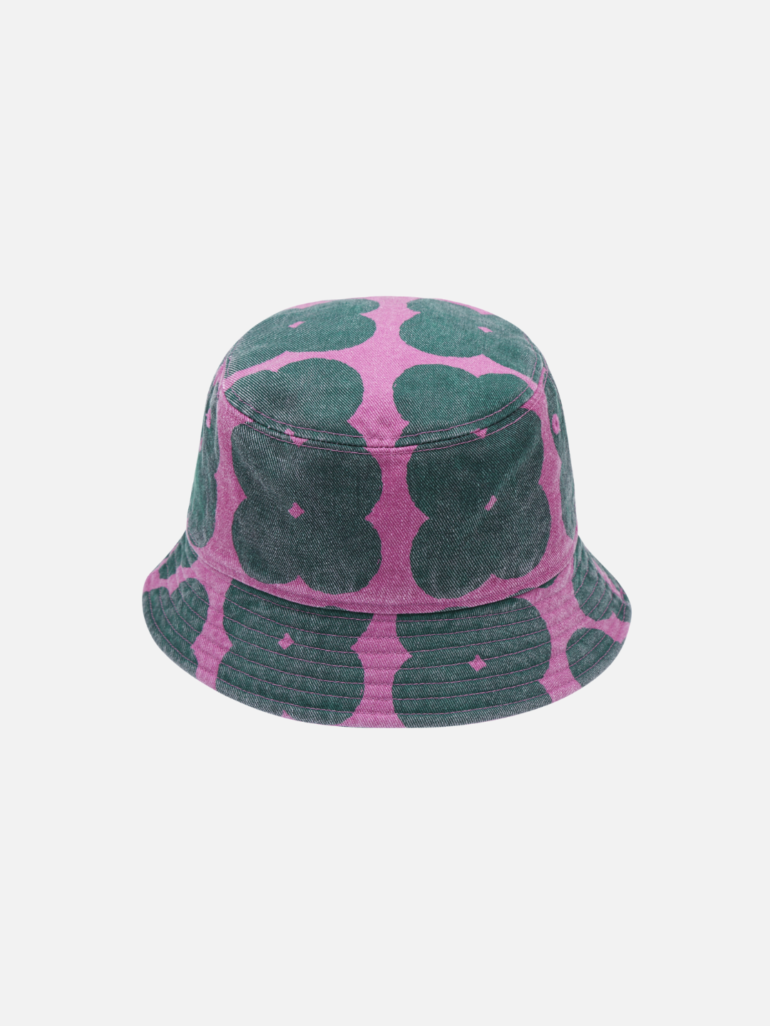 Rounded hat with brim. Faded dark green clover shapes with a magenta background.