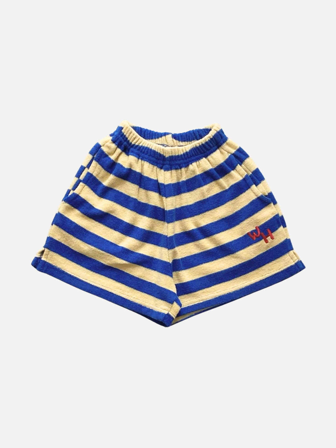 A front view of kid's Riviera Shorts in blue/yellow stripe