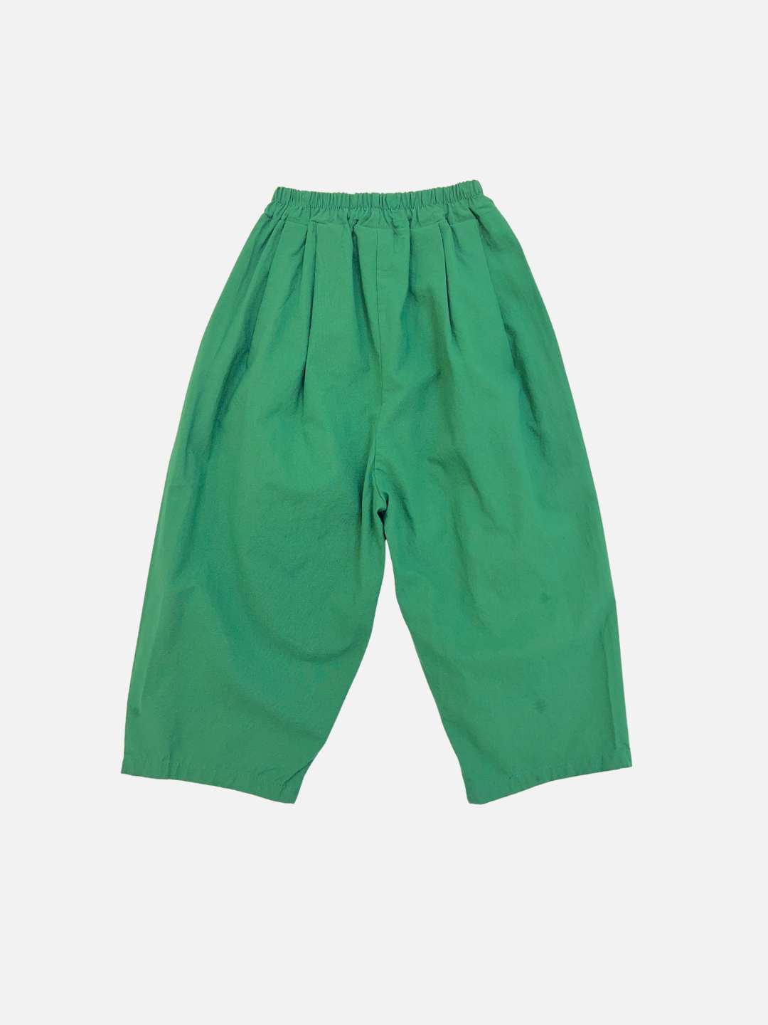 Green | GARDEN COTTON PANT: Wide-leg green cotton pants with an elastic waistband, subtle top pleats, and a loose, relaxed fit, shown on a plain white background.