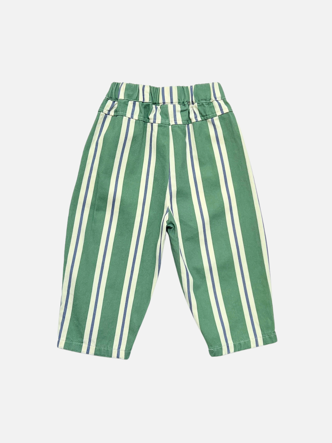 Green striped pants for toddlers, featuring vertical stripes in green, white, and thin blue lines, with an elastic waistband, shown against a light gray background.