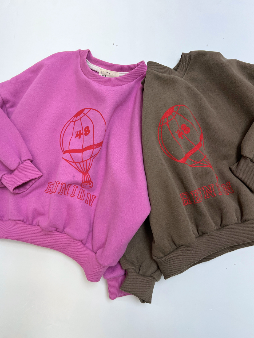 Two cozy REUNION SWEATSHIRTS, one pink and one brown, each with a red hot air balloon graphic featuring the number 48 and “RUNION” printed below.
