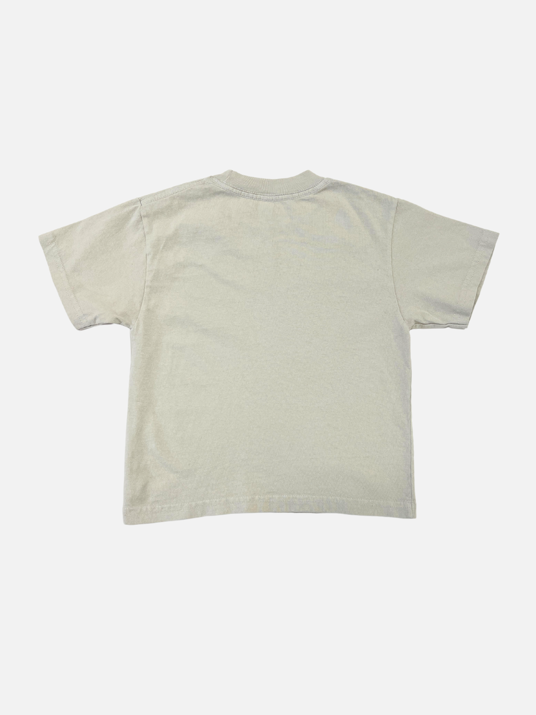 Back view of a kids cement grey t-shirt with short sleeves.