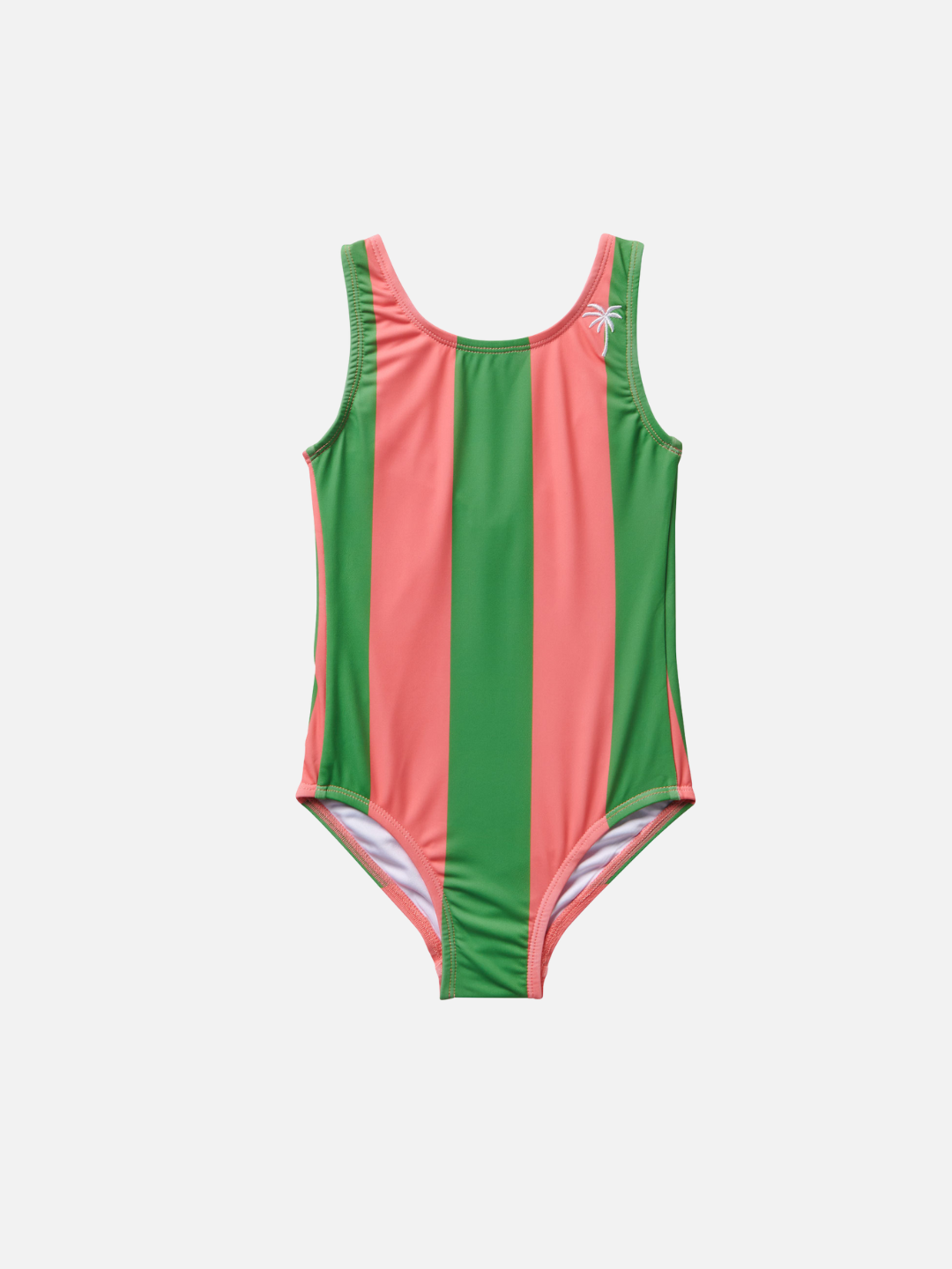 Watermelon | A front view of the Retro Stripe Swimsuit in Watermelon. Palm Tree embroidery is on the left strap.