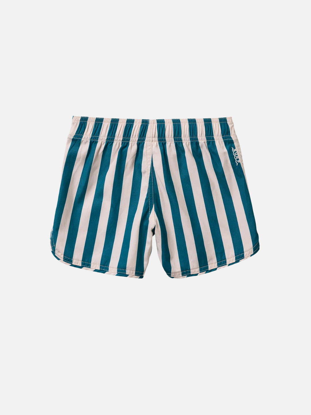 RETRO FLARE BOARDSHORTS CABANA STRIPE feature teal and white vertical stripes, an elastic waistband, and recycled polyester fabric, shown against a plain white background.