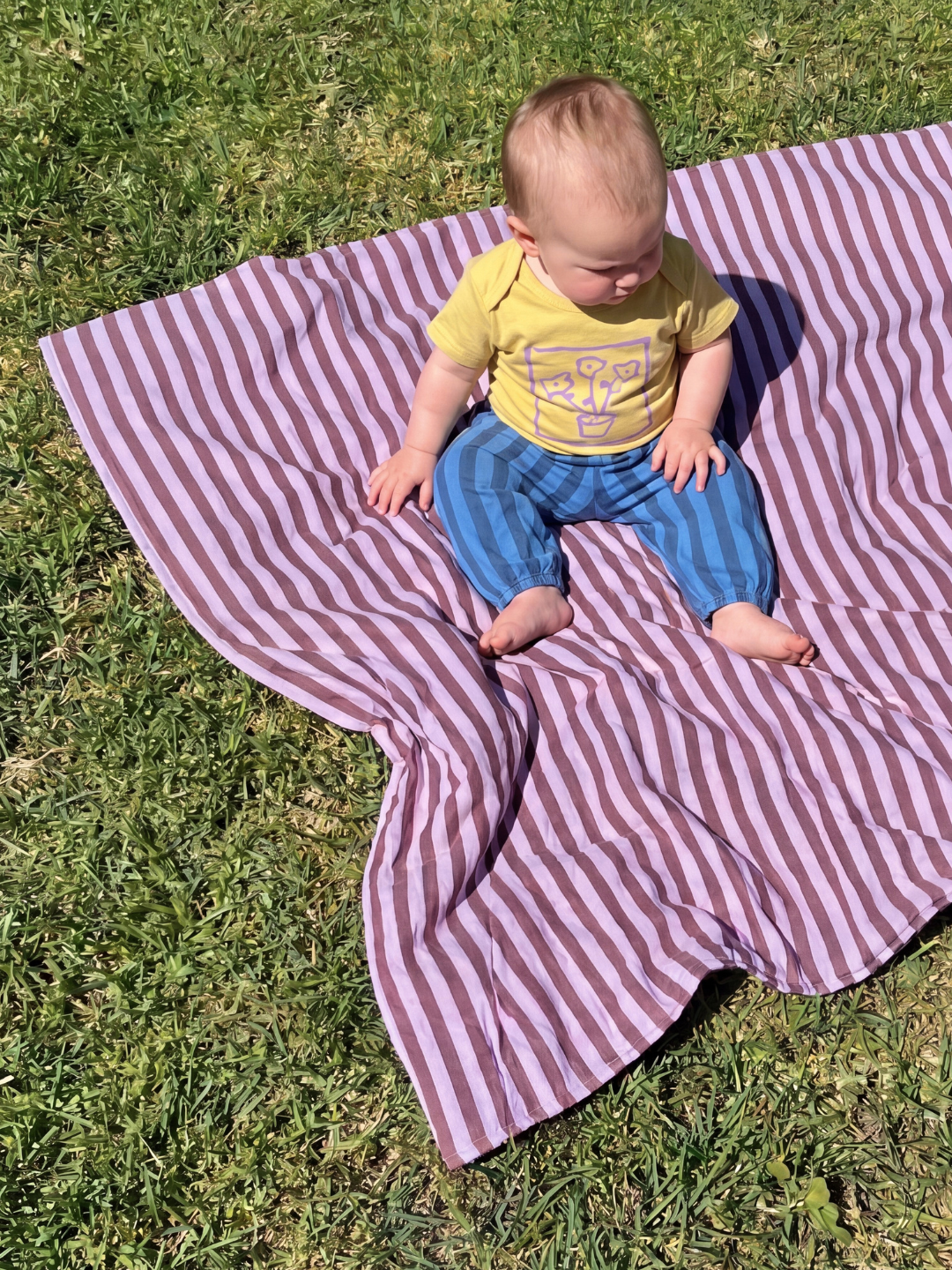 A baby sits on a purple and maroon striped quilt on grass, wearing striped pants in blue, with a yellow t-shirt with a flower motif, 