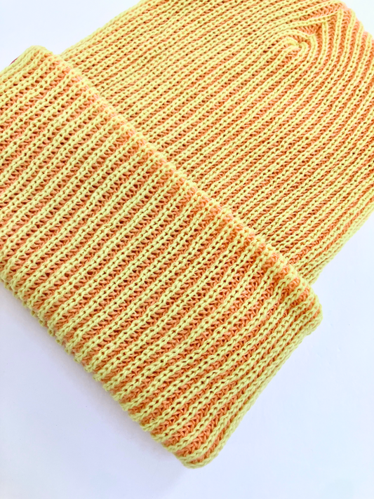 Second image of TWO-TONE RIB KNIT BEANIE in Peach/Lime