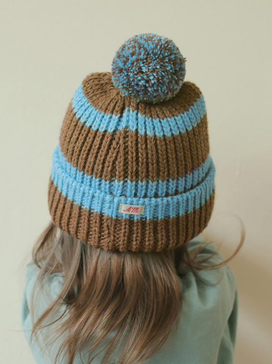 Second image of STRIPE POMPOM BEANIE in Blue