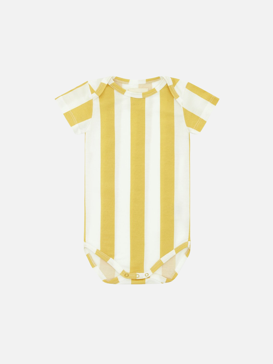 Front view of the baby Yellow Striped Bodysuit, featuring snaps at the crotch and envelope neckline. 