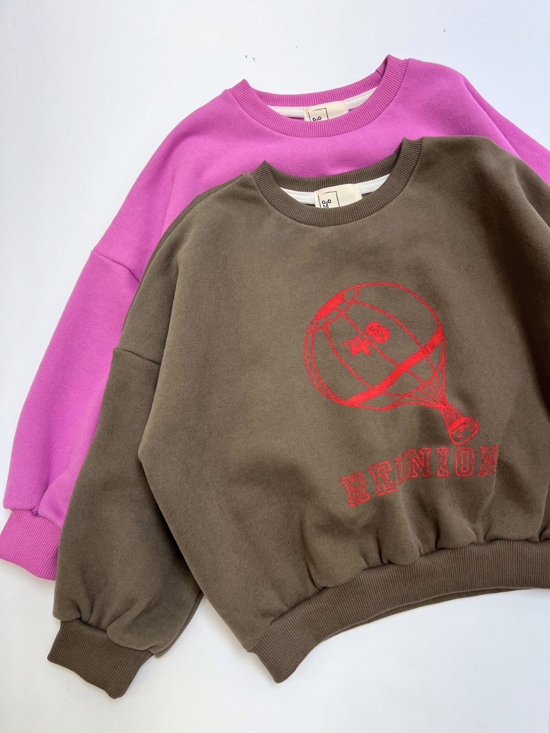 Olive | Two crewneck REUNION SWEATSHIRTS: one in purple, and one in olive green. The olive green sweatshirt features a red hot air balloon graphic with "REUNION" printed on the front.